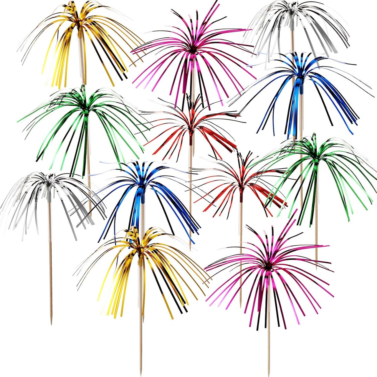 150 Pcs Cocktail Picks Firework Foil Frill Firework Cupcake Picks 7.87 Inch Cupcake Topper Toothpicks Food Fireworks Sticks Cocktail Sticks for Halloween Christmas Cake Party Decoration